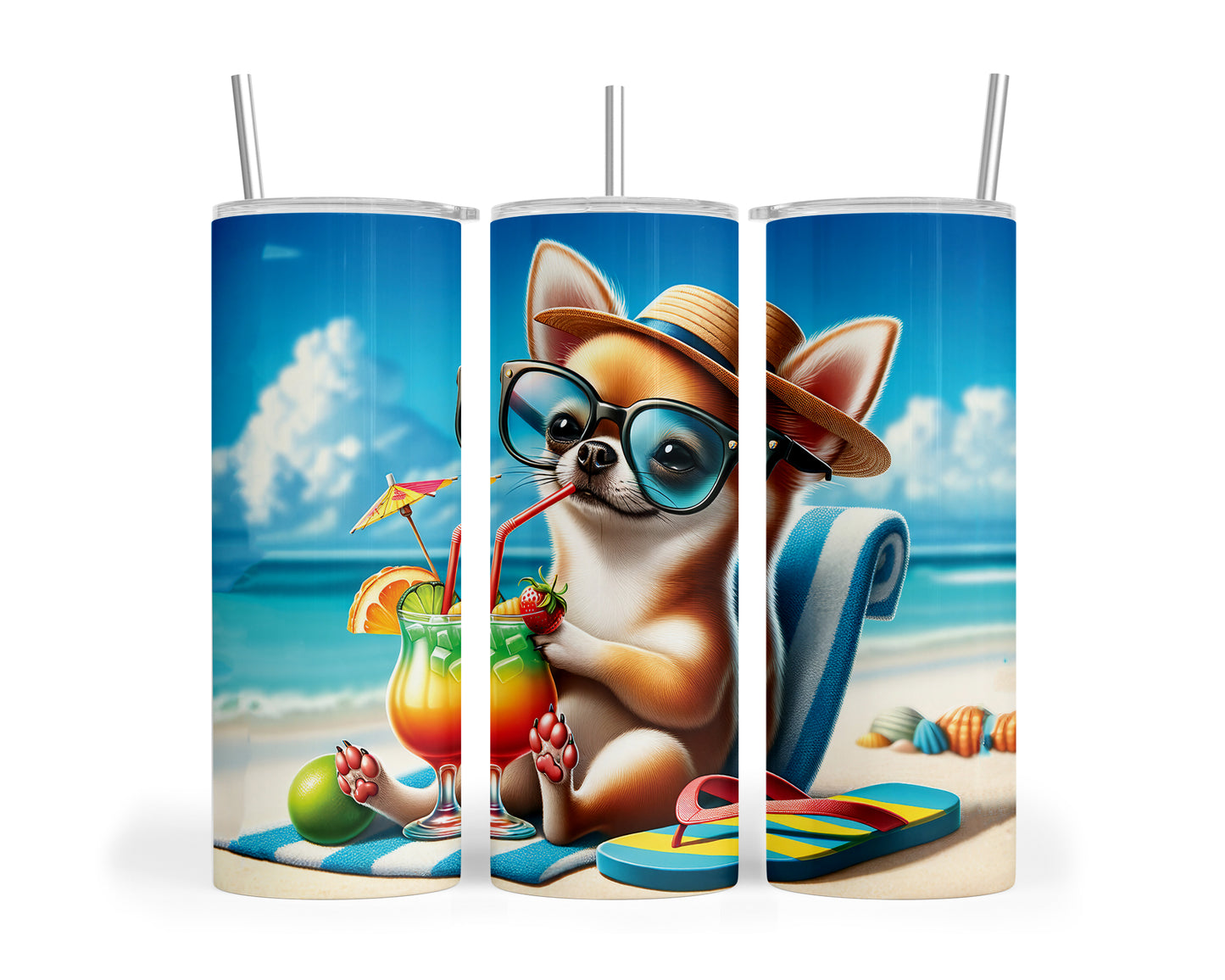 Skinny Tumbler with Straw, 20oz, Dog on Beach, Chihuahua, awd-1205