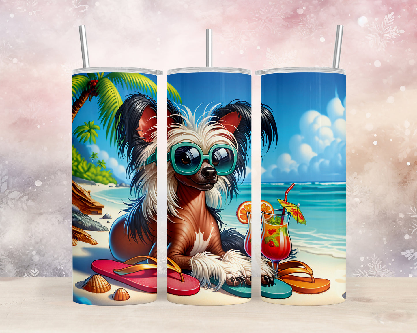 Skinny Tumbler with Straw, 20oz, Dog on Beach, Chinese Crested, awd-1206