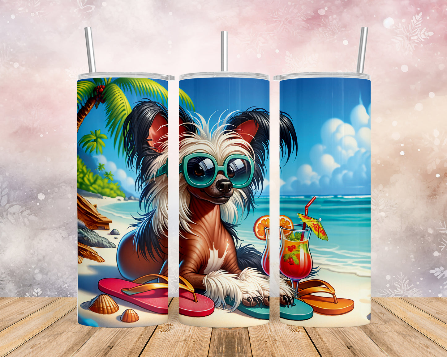 Skinny Tumbler with Straw, 20oz, Dog on Beach, Chinese Crested, awd-1206