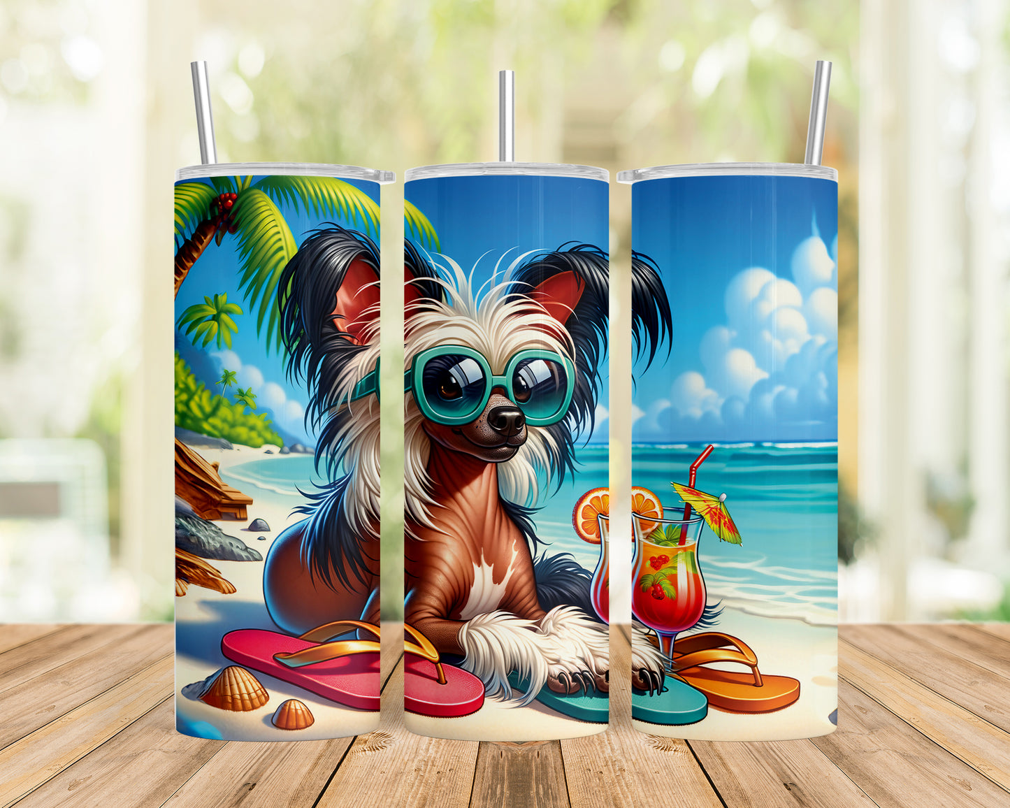 Skinny Tumbler with Straw, 20oz, Dog on Beach, Chinese Crested, awd-1206