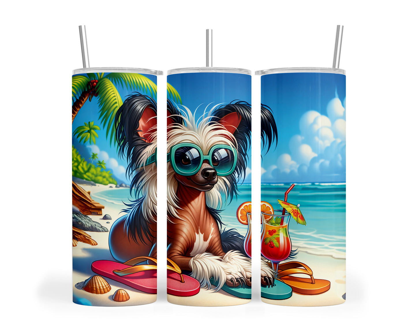 Skinny Tumbler with Straw, 20oz, Dog on Beach, Chinese Crested, awd-1206