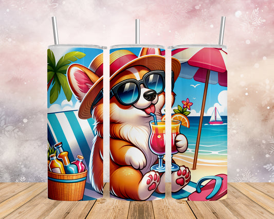 Skinny Tumbler with Straw, 20oz, Dog on Beach, Corgi, awd-1207