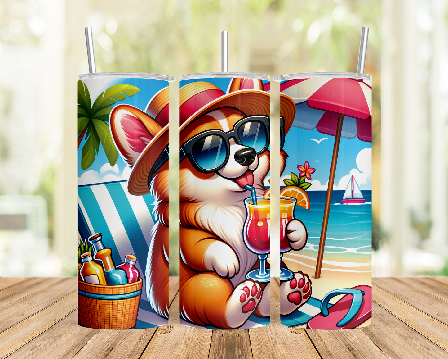 Skinny Tumbler with Straw, 20oz, Dog on Beach, Corgi, awd-1207