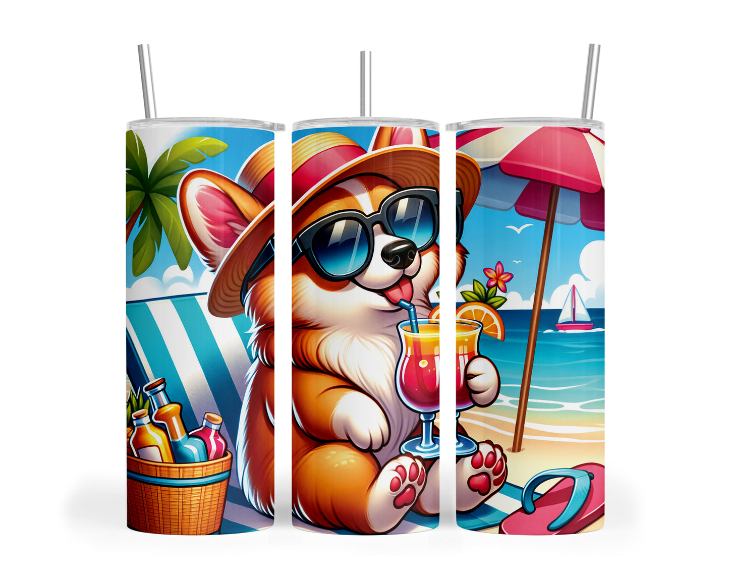 Skinny Tumbler with Straw, 20oz, Dog on Beach, Corgi, awd-1207