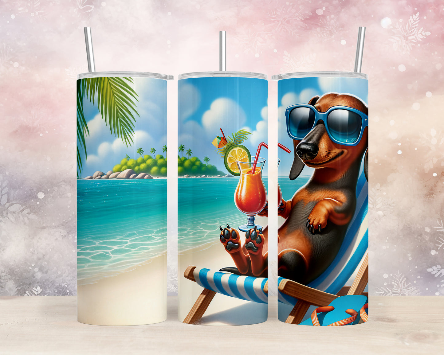 Skinny Tumbler with Straw, 20oz, Dog on Beach, Dachshund, awd-1208