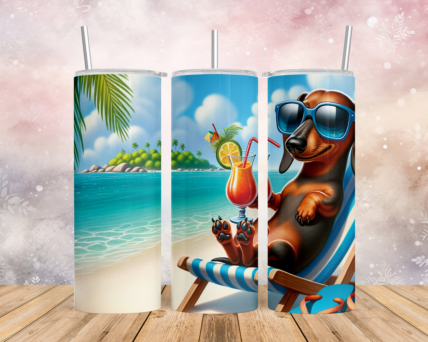 Skinny Tumbler with Straw, 20oz, Dog on Beach, Dachshund, awd-1208