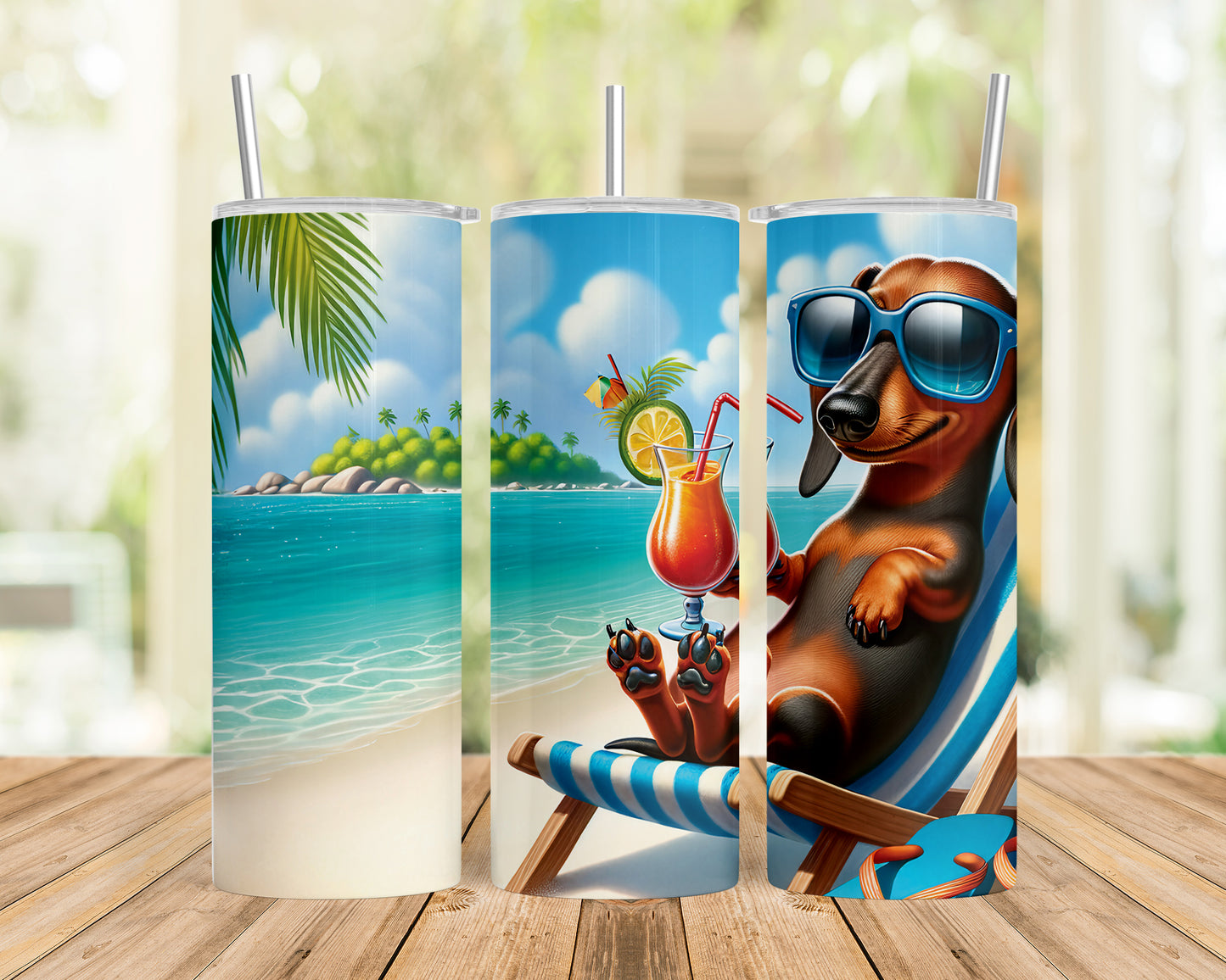 Skinny Tumbler with Straw, 20oz, Dog on Beach, Dachshund, awd-1208