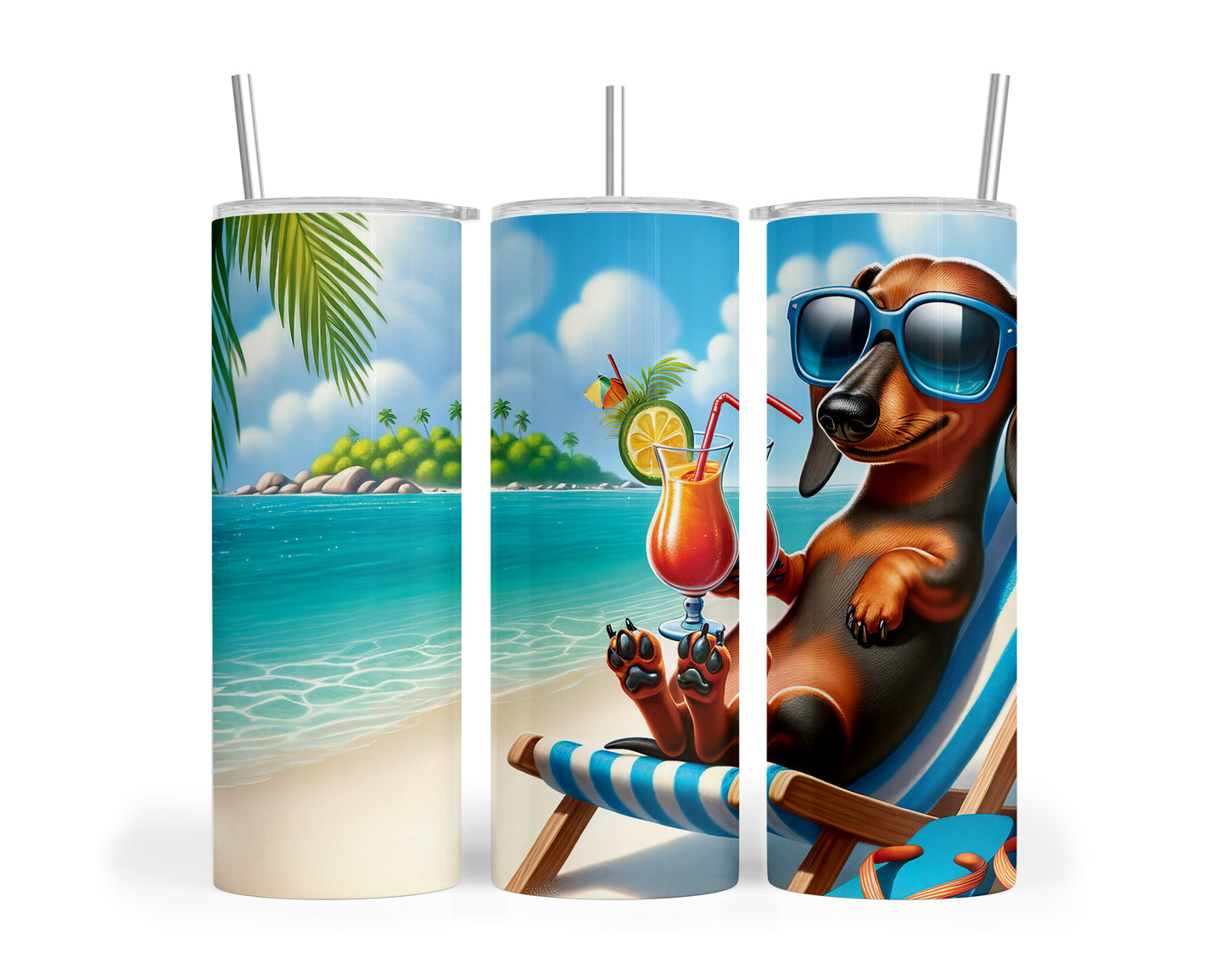 Skinny Tumbler with Straw, 20oz, Dog on Beach, Dachshund, awd-1208