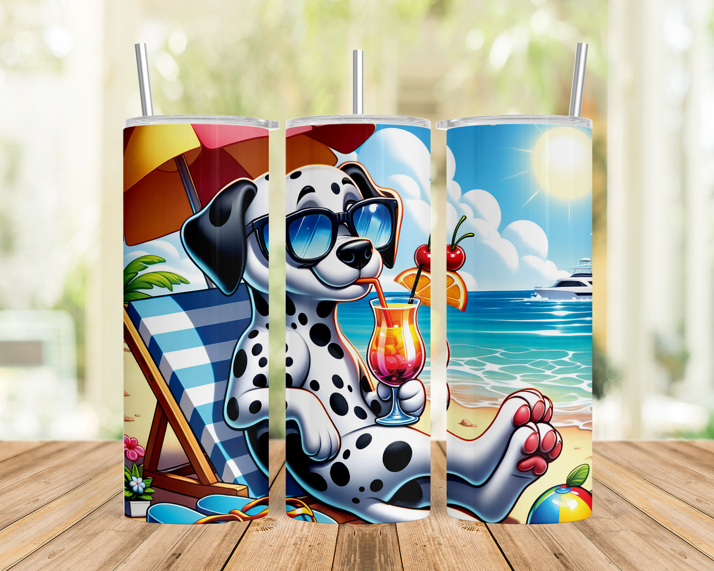 Skinny Tumbler with Straw, 20oz, Dog on Beach, Dalmatian, awd-1209