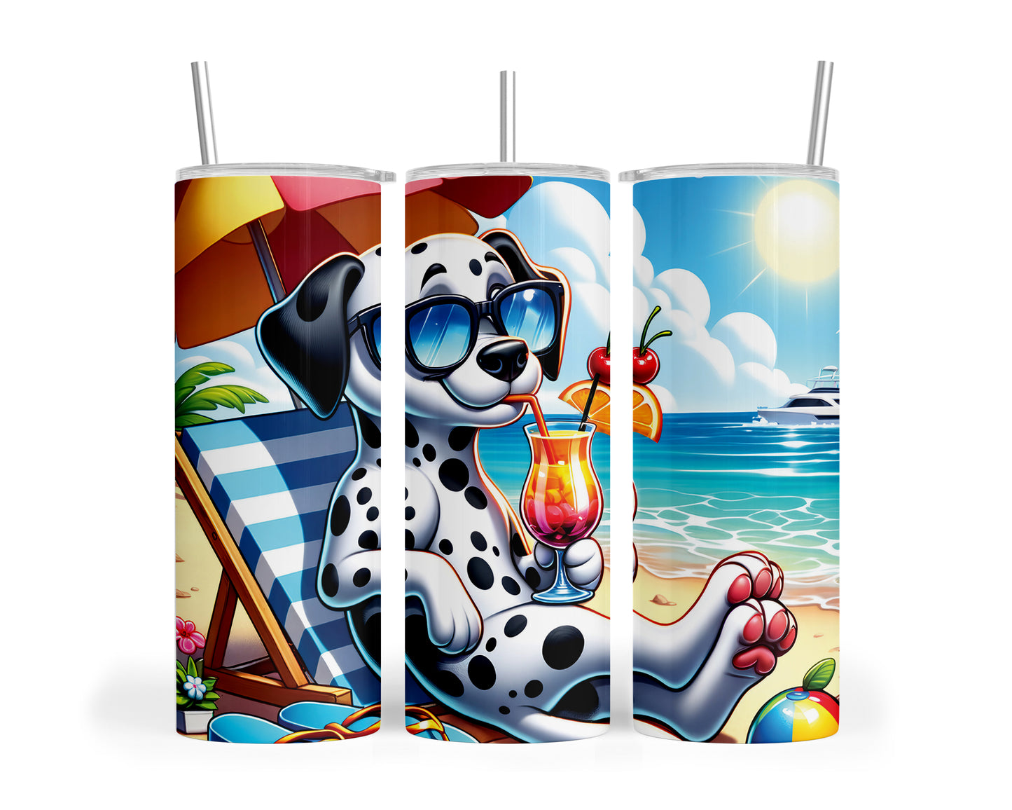 Skinny Tumbler with Straw, 20oz, Dog on Beach, Dalmatian, awd-1209