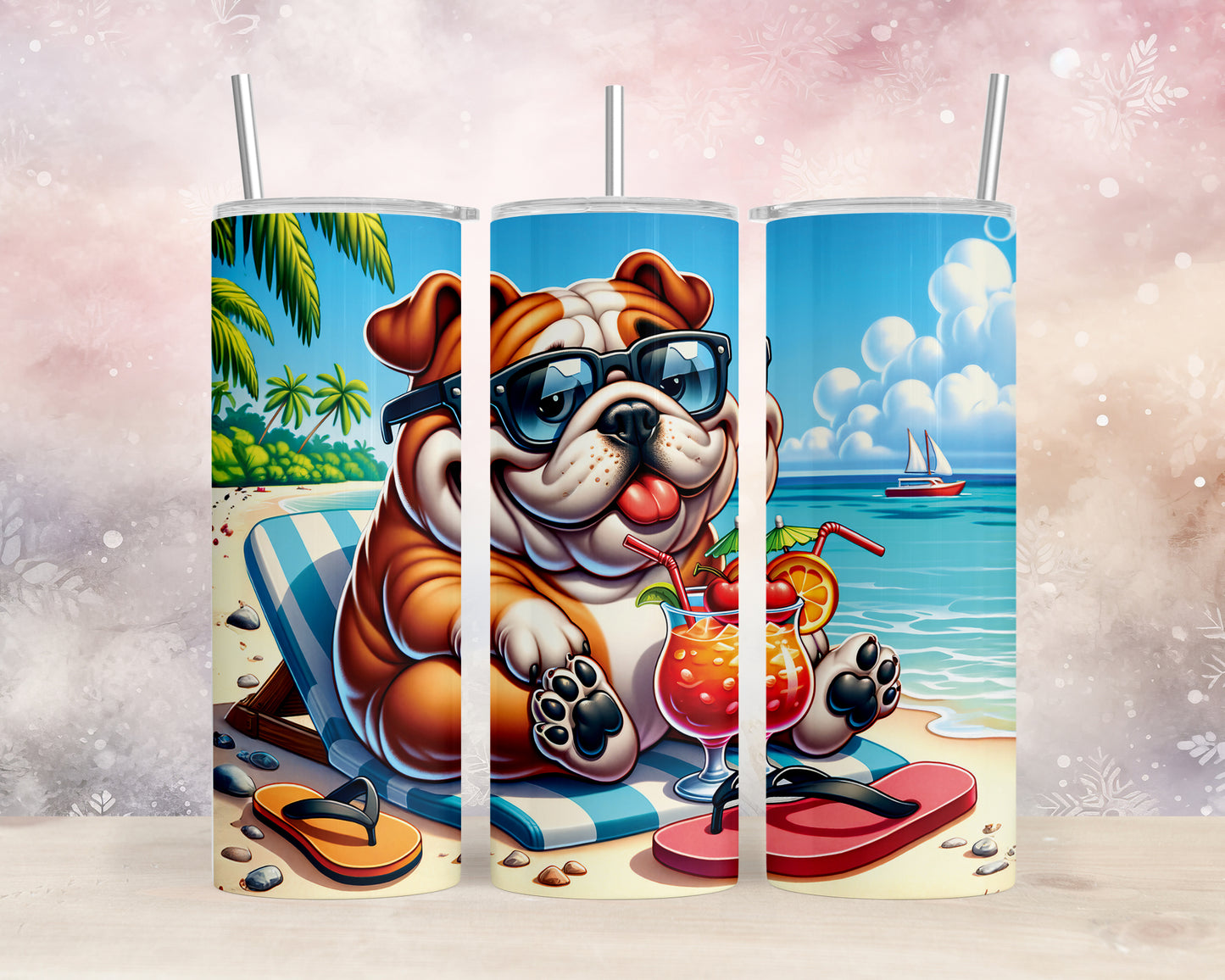 Skinny Tumbler with Straw, 20oz, Dog on Beach, English Bulldog, awd-1210