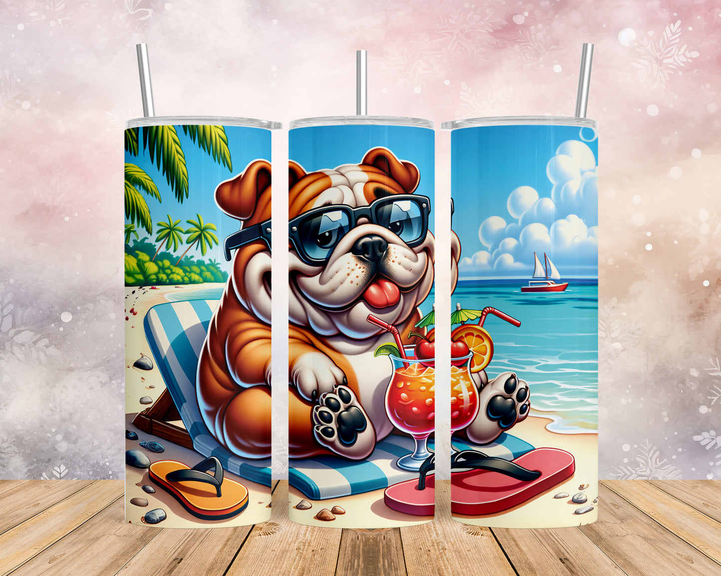 Skinny Tumbler with Straw, 20oz, Dog on Beach, English Bulldog, awd-1210