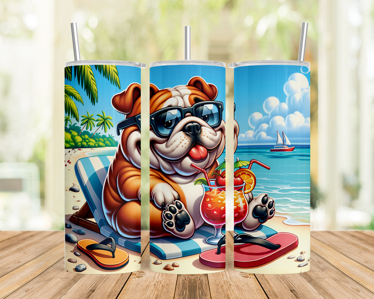 Skinny Tumbler with Straw, 20oz, Dog on Beach, English Bulldog, awd-1210