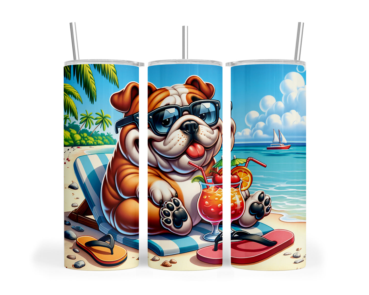 Skinny Tumbler with Straw, 20oz, Dog on Beach, English Bulldog, awd-1210