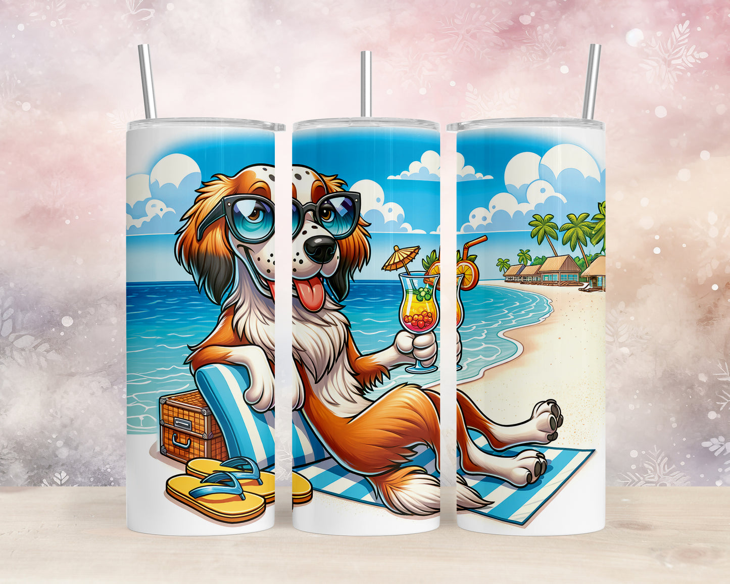 Skinny Tumbler with Straw, 20oz, Dog on Beach, English Setter, awd-1211