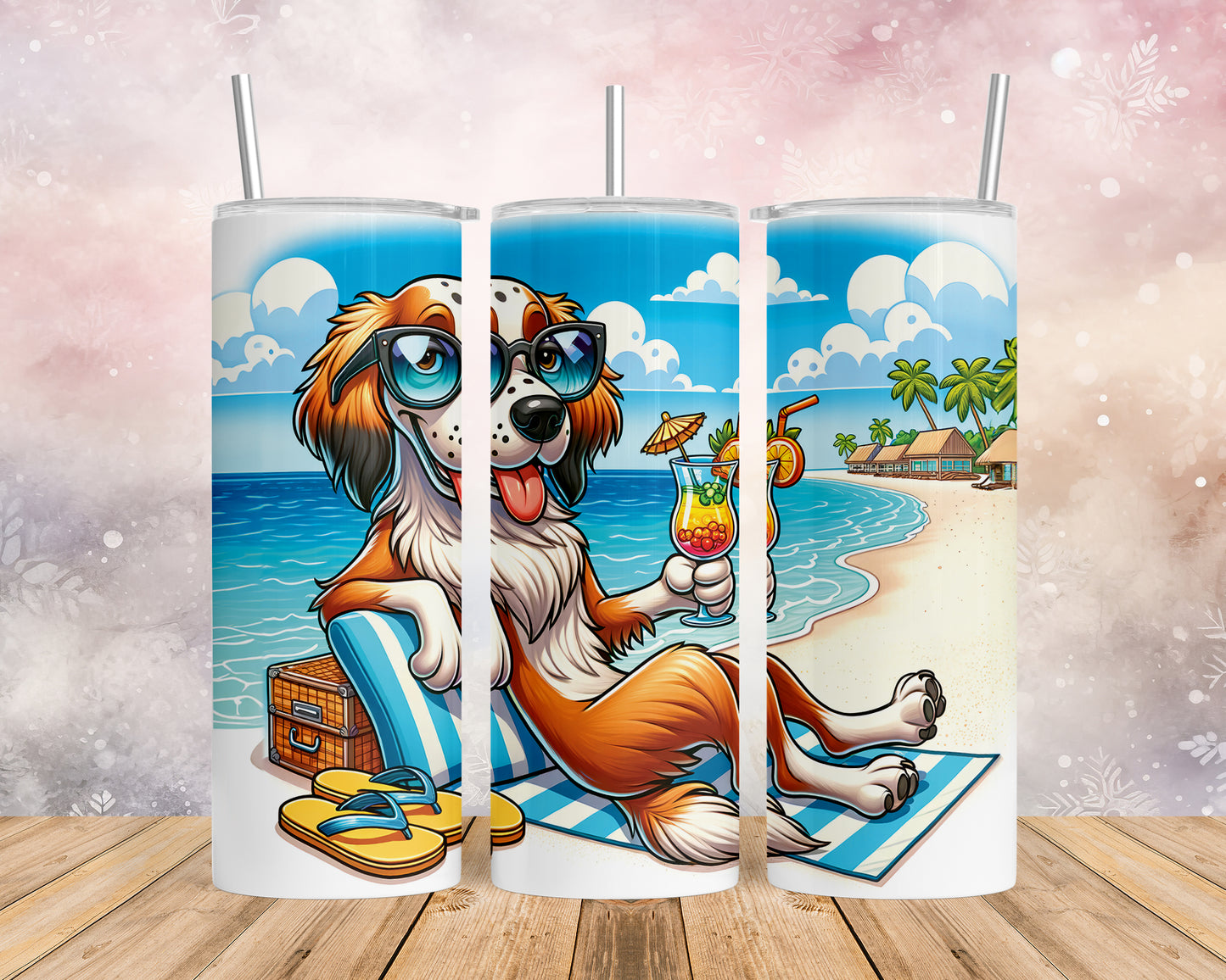 Skinny Tumbler with Straw, 20oz, Dog on Beach, English Setter, awd-1211