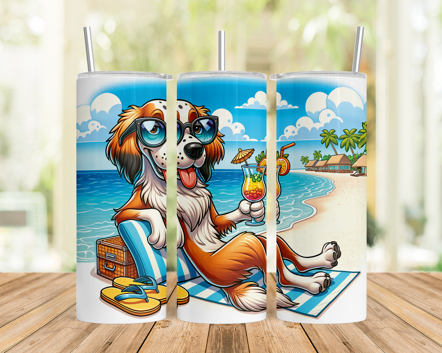 Skinny Tumbler with Straw, 20oz, Dog on Beach, English Setter, awd-1211