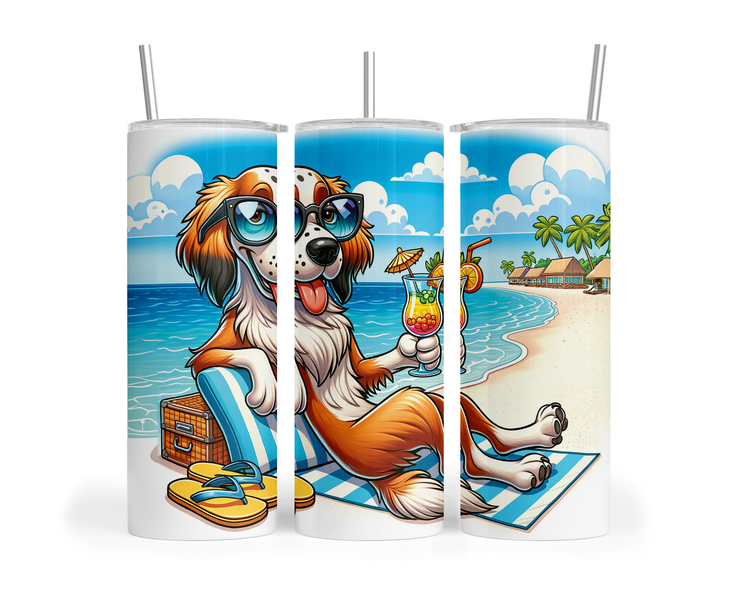 Skinny Tumbler with Straw, 20oz, Dog on Beach, English Setter, awd-1211