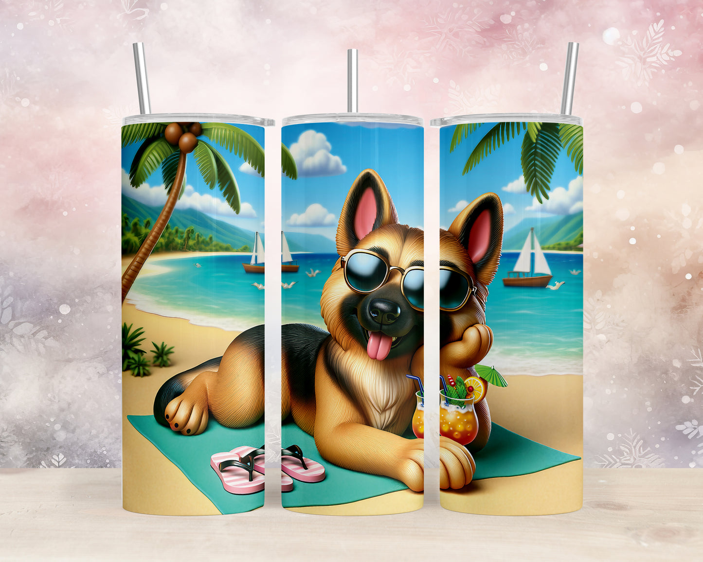 Skinny Tumbler with Straw, 20oz, Dog on Beach, German Shepherd, awd-1212