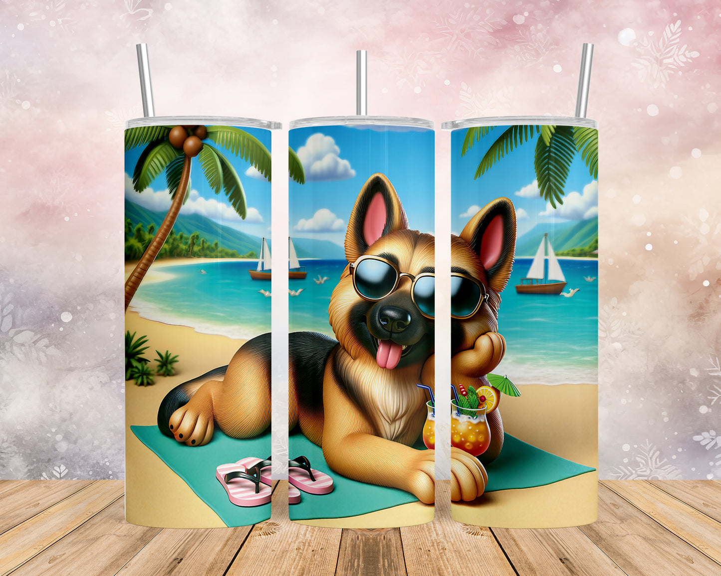 Skinny Tumbler with Straw, 20oz, Dog on Beach, German Shepherd, awd-1212