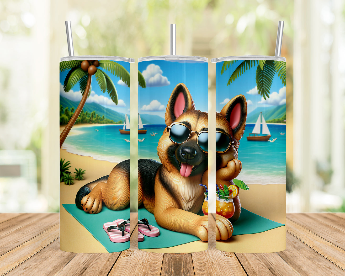 Skinny Tumbler with Straw, 20oz, Dog on Beach, German Shepherd, awd-1212