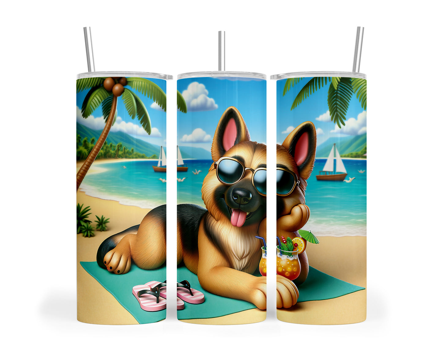 Skinny Tumbler with Straw, 20oz, Dog on Beach, German Shepherd, awd-1212