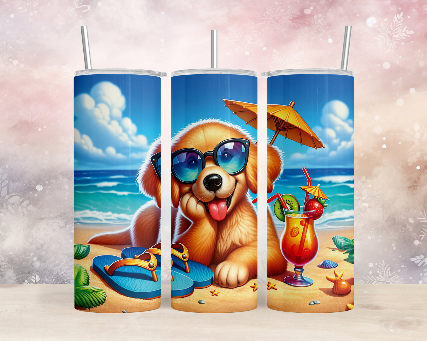 Skinny Tumbler with Straw, 20oz, Dog on Beach, Golden Retriever, awd-1213