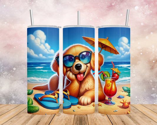 Skinny Tumbler with Straw, 20oz, Dog on Beach, Golden Retriever, awd-1213