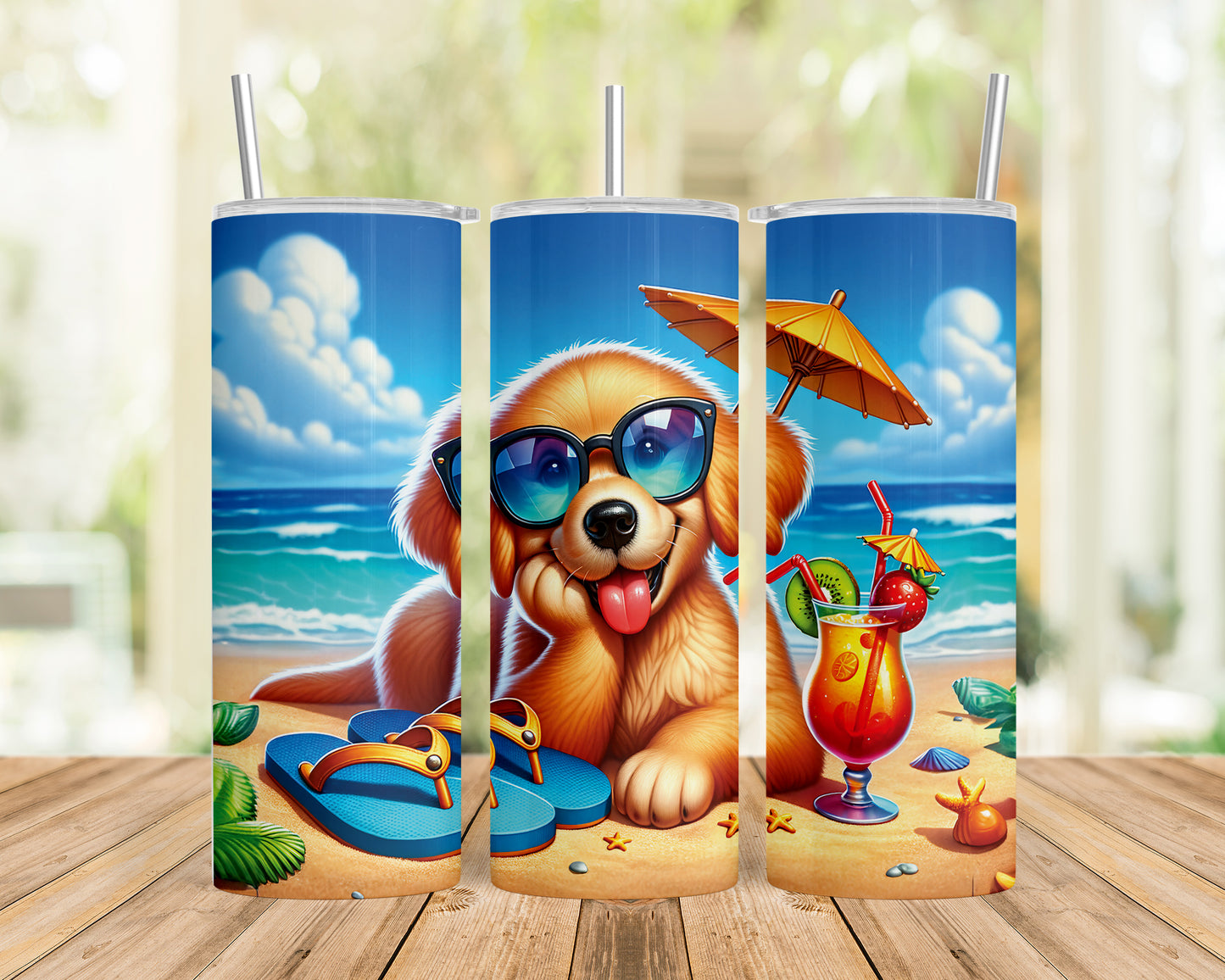 Skinny Tumbler with Straw, 20oz, Dog on Beach, Golden Retriever, awd-1213