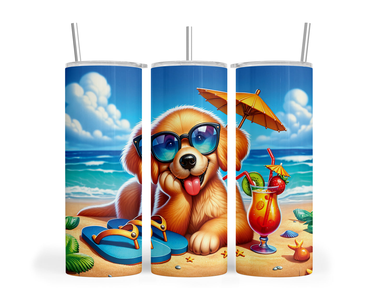 Skinny Tumbler with Straw, 20oz, Dog on Beach, Golden Retriever, awd-1213