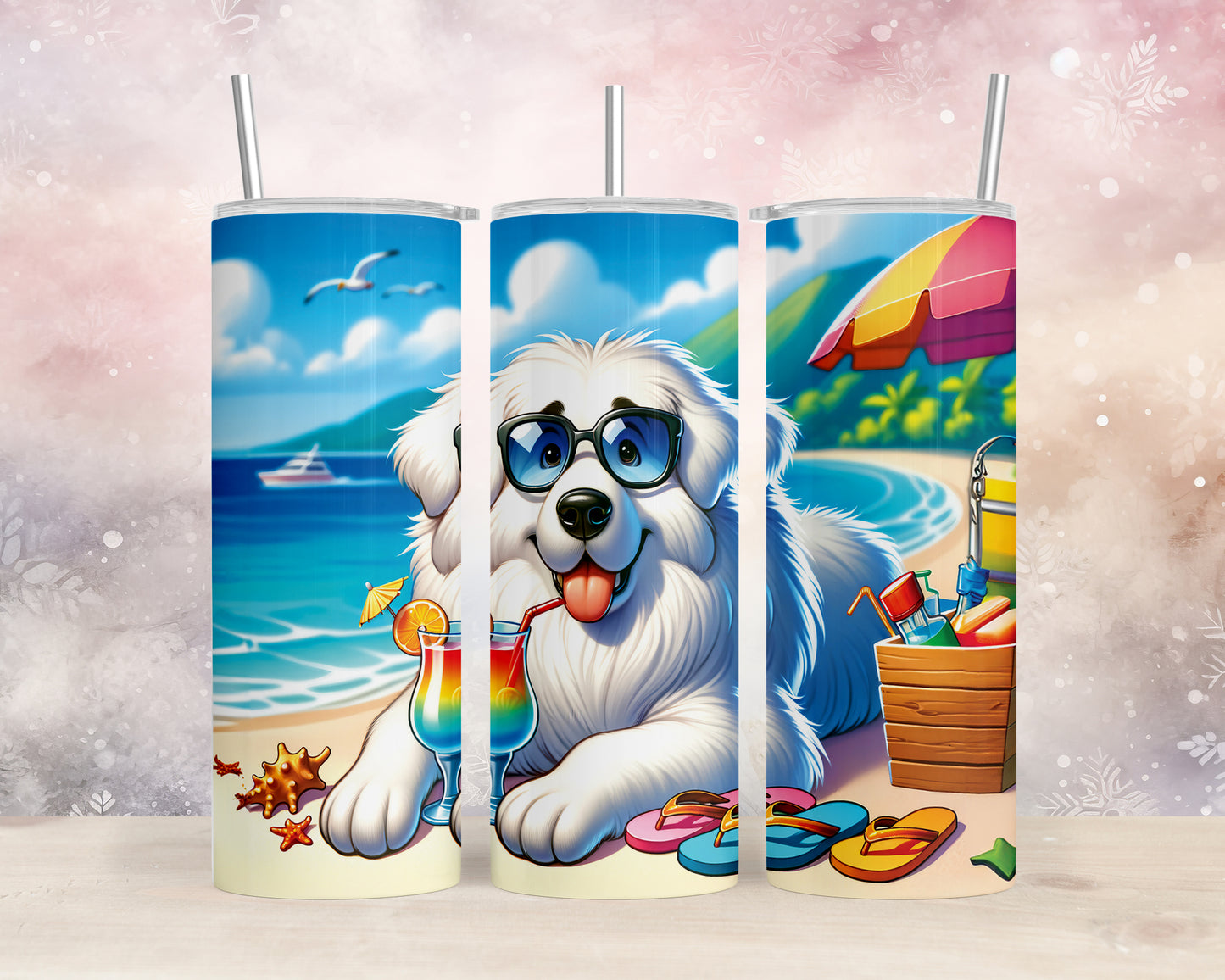 Skinny Tumbler with Straw, 20oz, Dog on Beach, Great Pyrenees, awd-1214