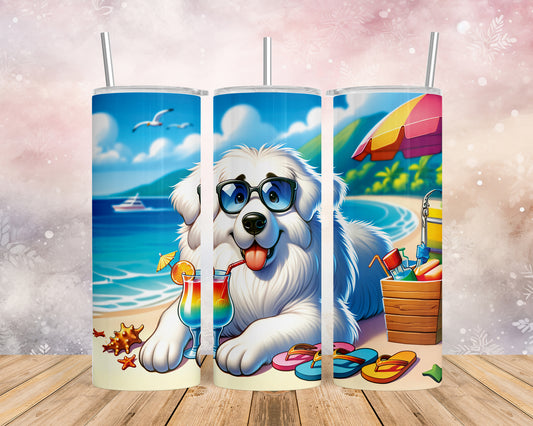 Skinny Tumbler with Straw, 20oz, Dog on Beach, Great Pyrenees, awd-1214