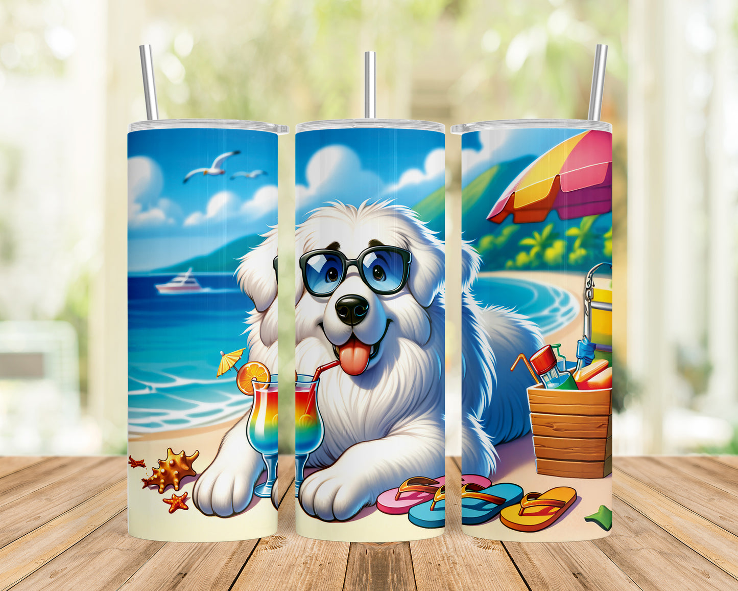 Skinny Tumbler with Straw, 20oz, Dog on Beach, Great Pyrenees, awd-1214