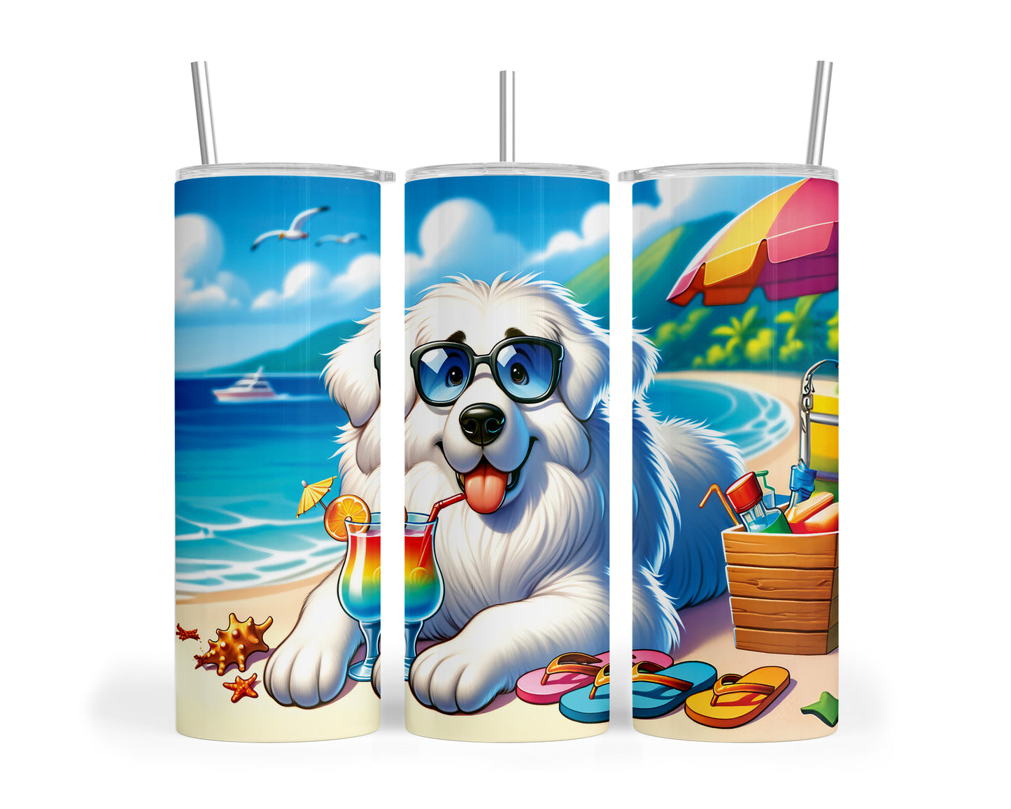 Skinny Tumbler with Straw, 20oz, Dog on Beach, Great Pyrenees, awd-1214