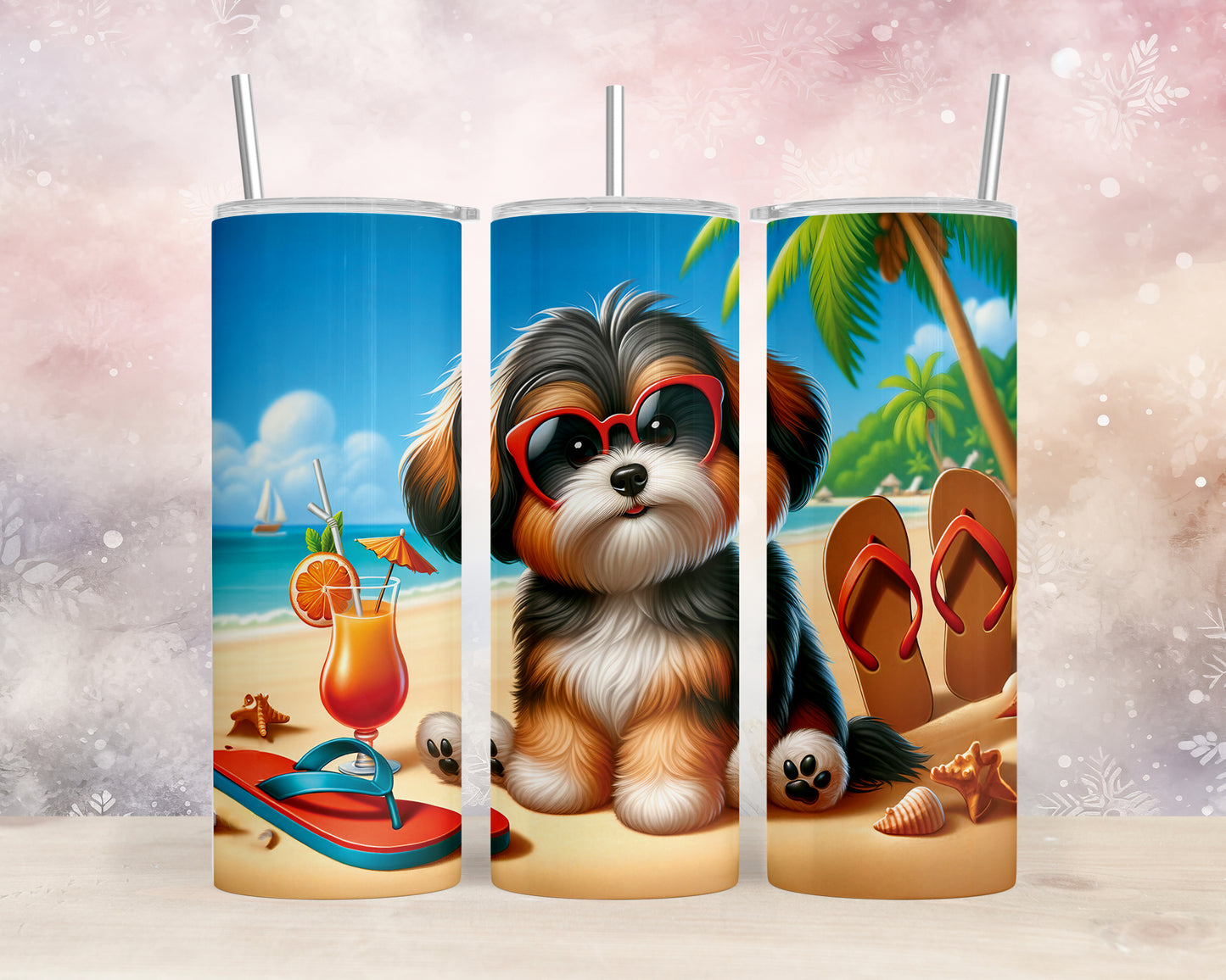 Skinny Tumbler with Straw, 20oz, Dog on Beach, Havanese, awd-1215