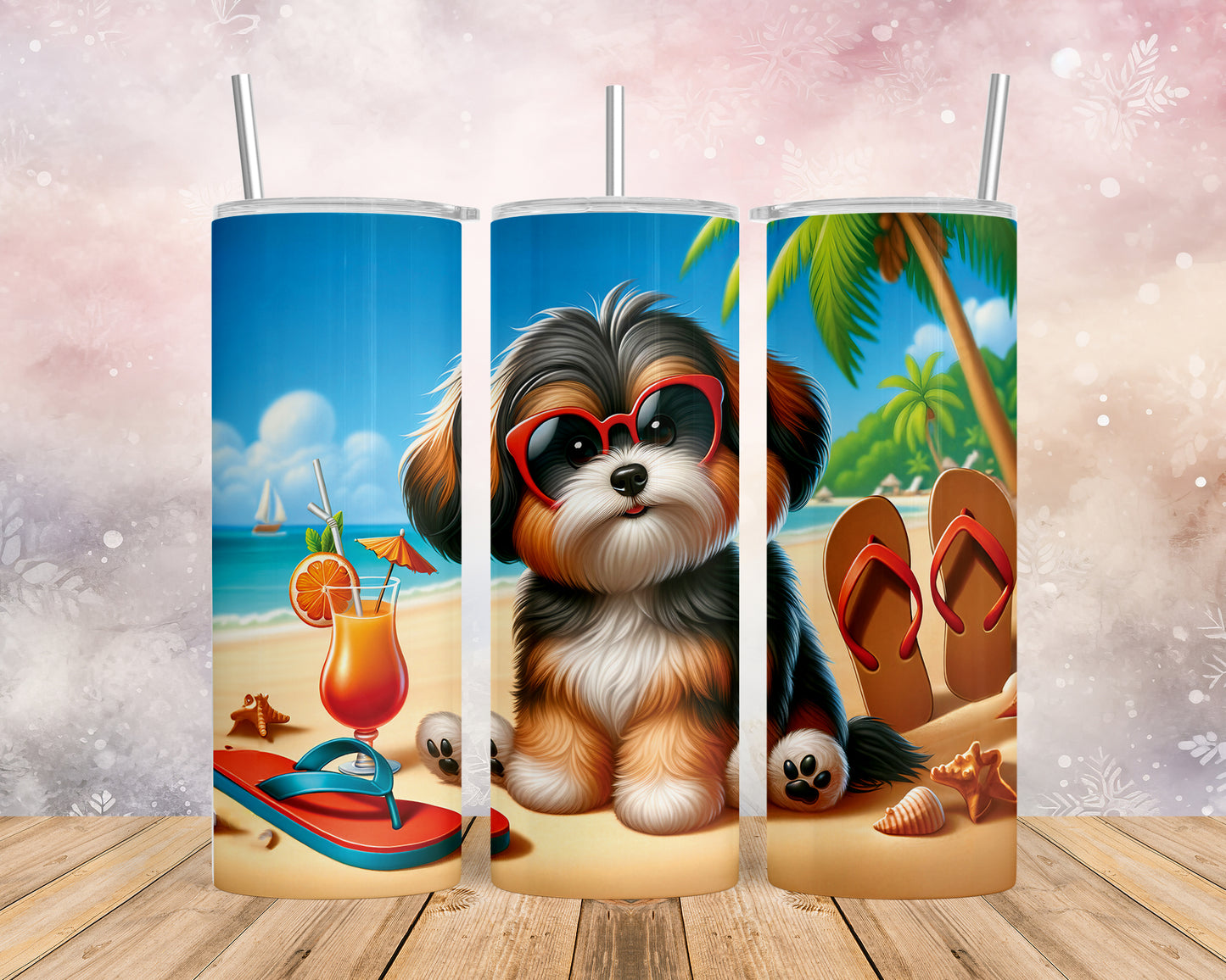 Skinny Tumbler with Straw, 20oz, Dog on Beach, Havanese, awd-1215