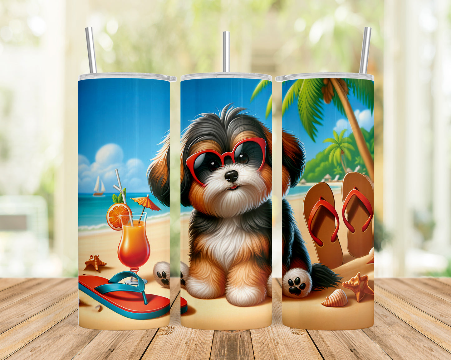 Skinny Tumbler with Straw, 20oz, Dog on Beach, Havanese, awd-1215