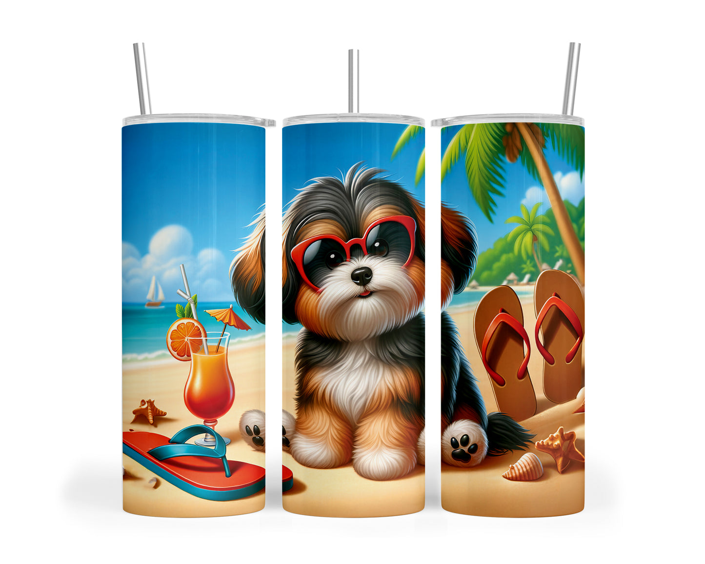 Skinny Tumbler with Straw, 20oz, Dog on Beach, Havanese, awd-1215