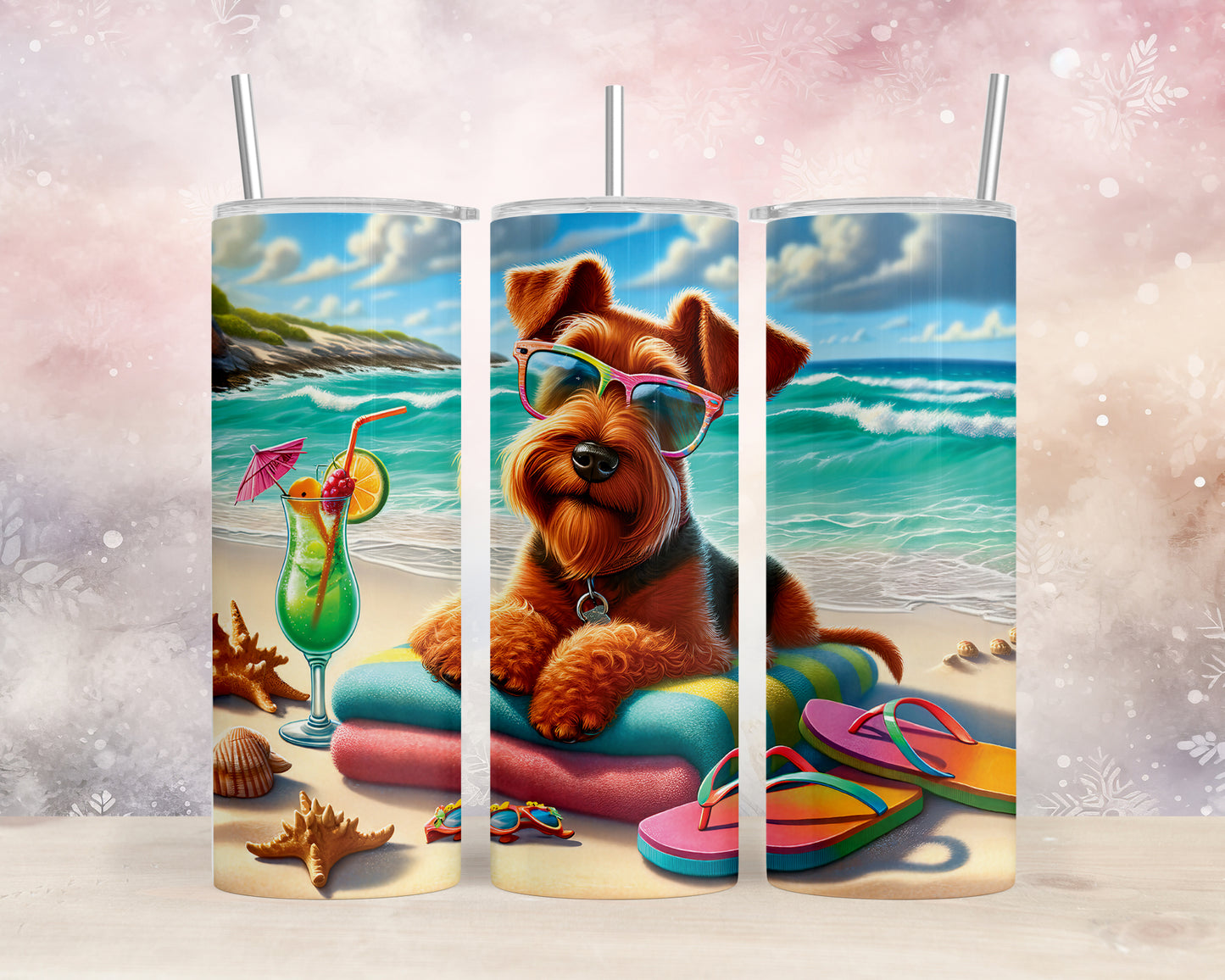 Skinny Tumbler with Straw, 20oz, Dog on Beach, Irish Terrier, awd-1216