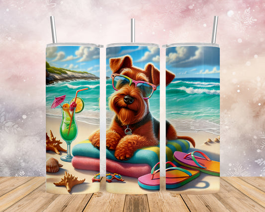 Skinny Tumbler with Straw, 20oz, Dog on Beach, Irish Terrier, awd-1216