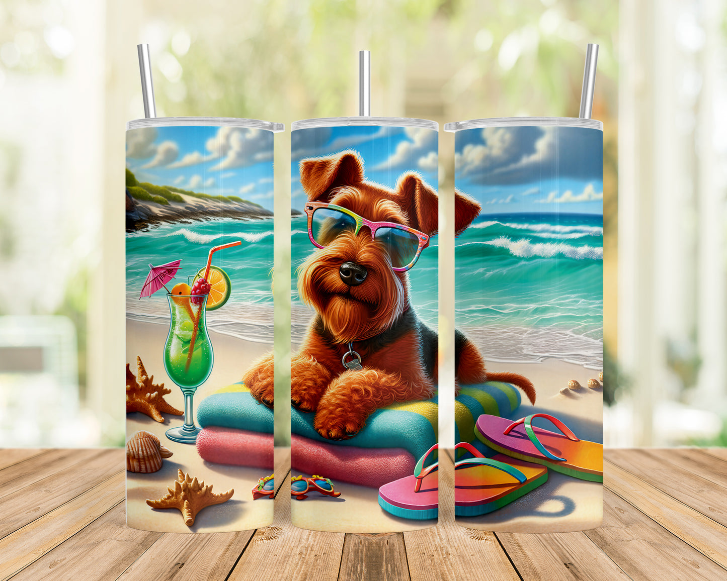 Skinny Tumbler with Straw, 20oz, Dog on Beach, Irish Terrier, awd-1216