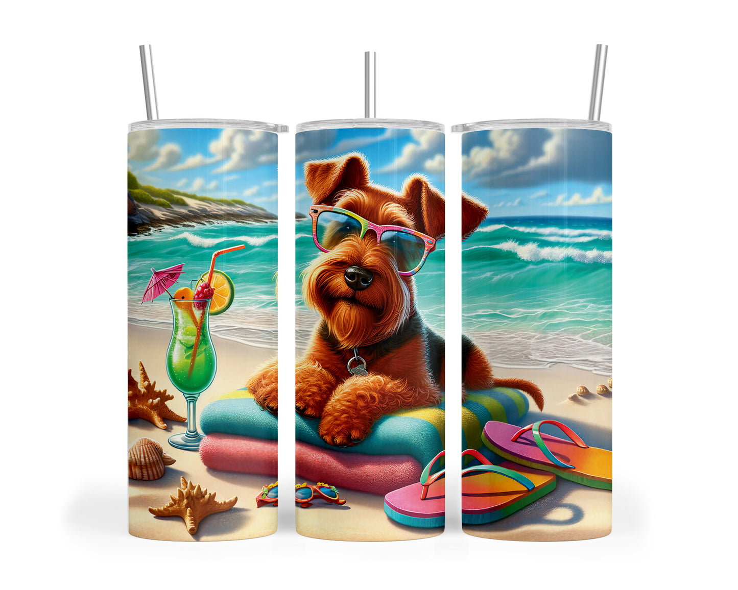 Skinny Tumbler with Straw, 20oz, Dog on Beach, Irish Terrier, awd-1216