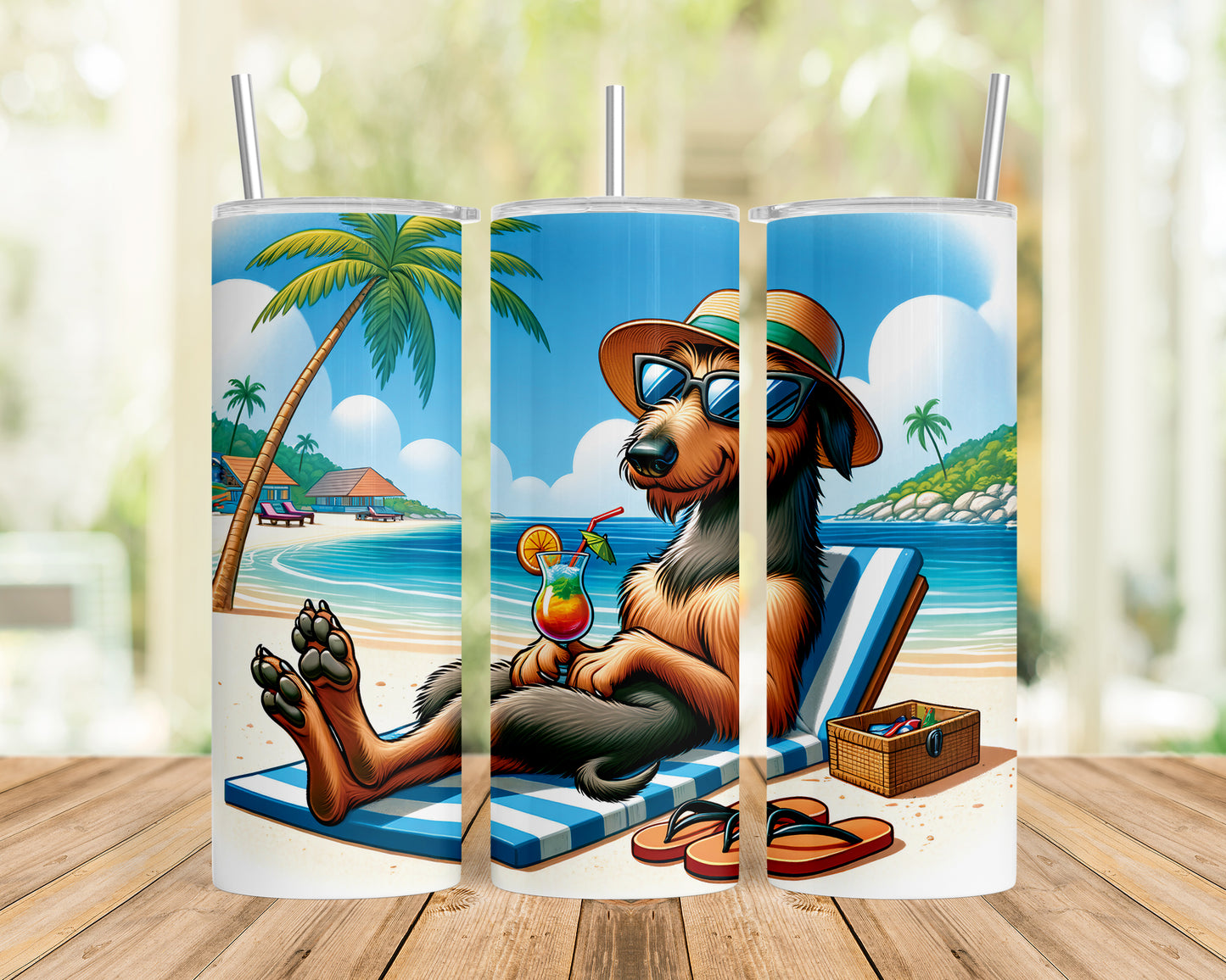 Skinny Tumbler with Straw, 20oz, Dog on Beach, Irish Wolfhound, awd-1217