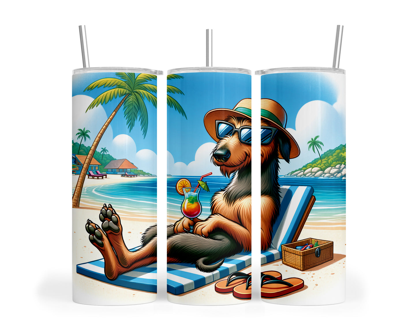 Skinny Tumbler with Straw, 20oz, Dog on Beach, Irish Wolfhound, awd-1217