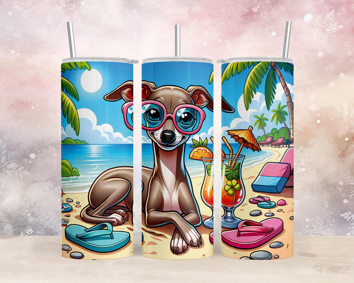 Skinny Tumbler with Straw, 20oz, Dog on Beach, Italian Greyhound, awd-1218