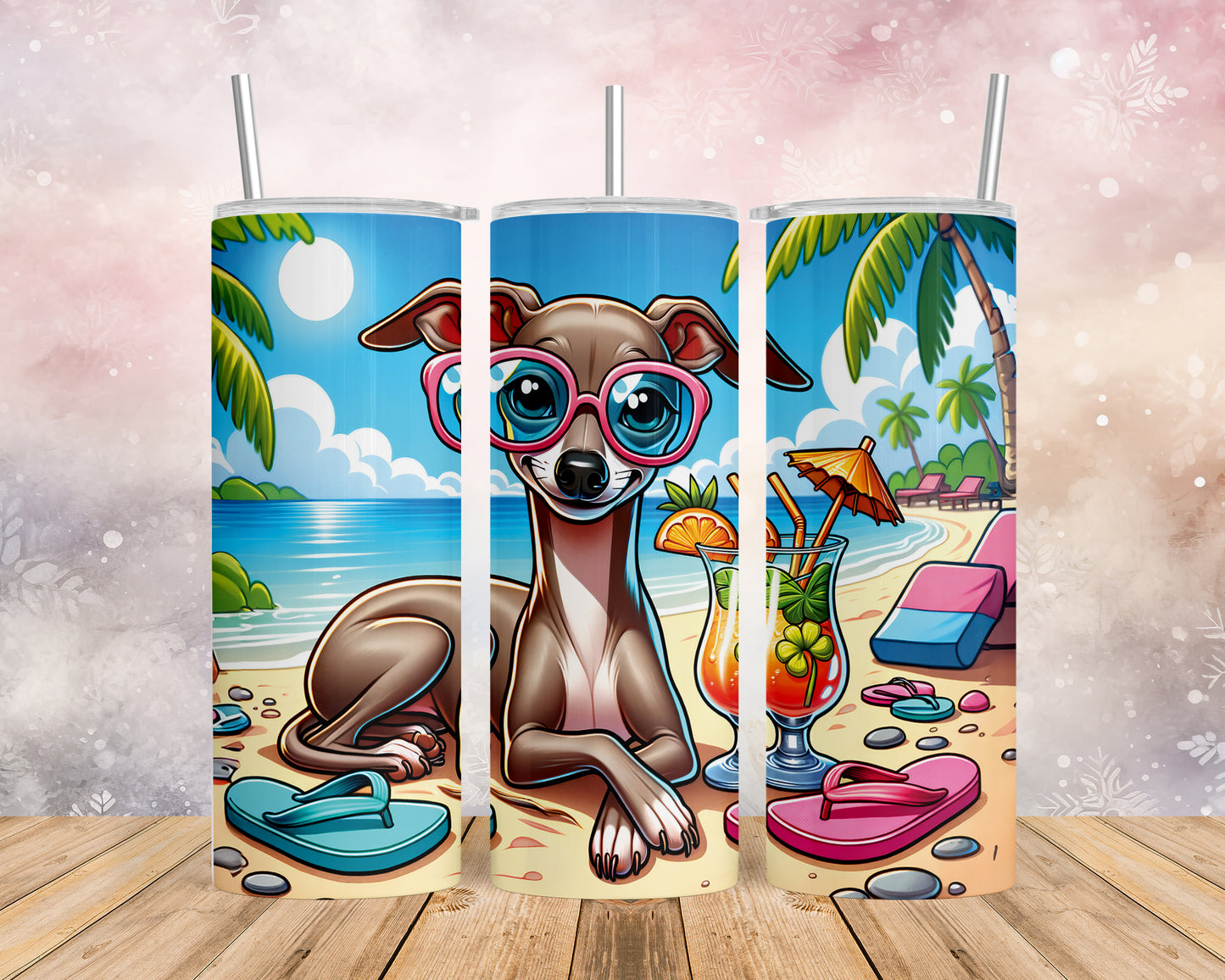 Skinny Tumbler with Straw, 20oz, Dog on Beach, Italian Greyhound, awd-1218