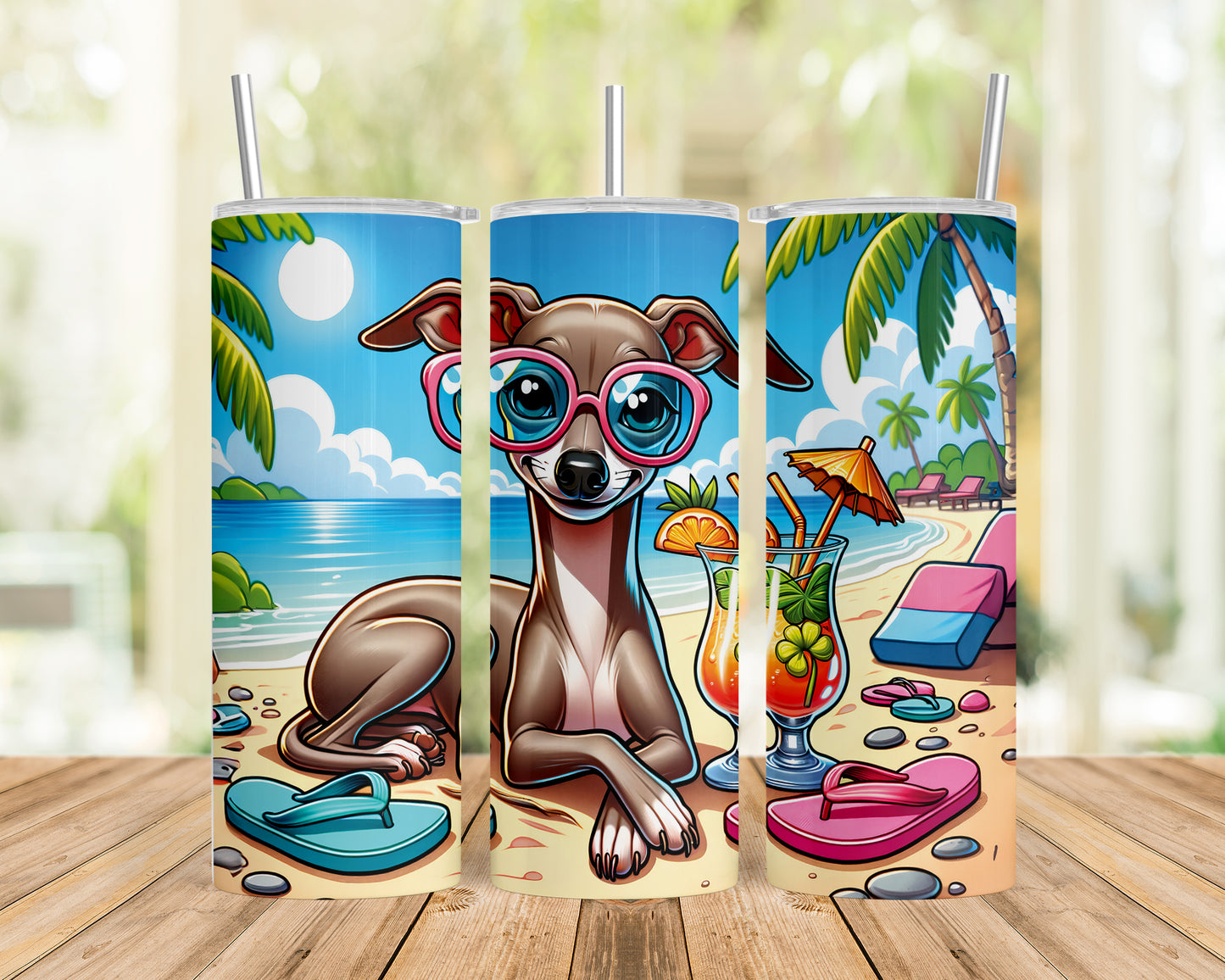 Skinny Tumbler with Straw, 20oz, Dog on Beach, Italian Greyhound, awd-1218