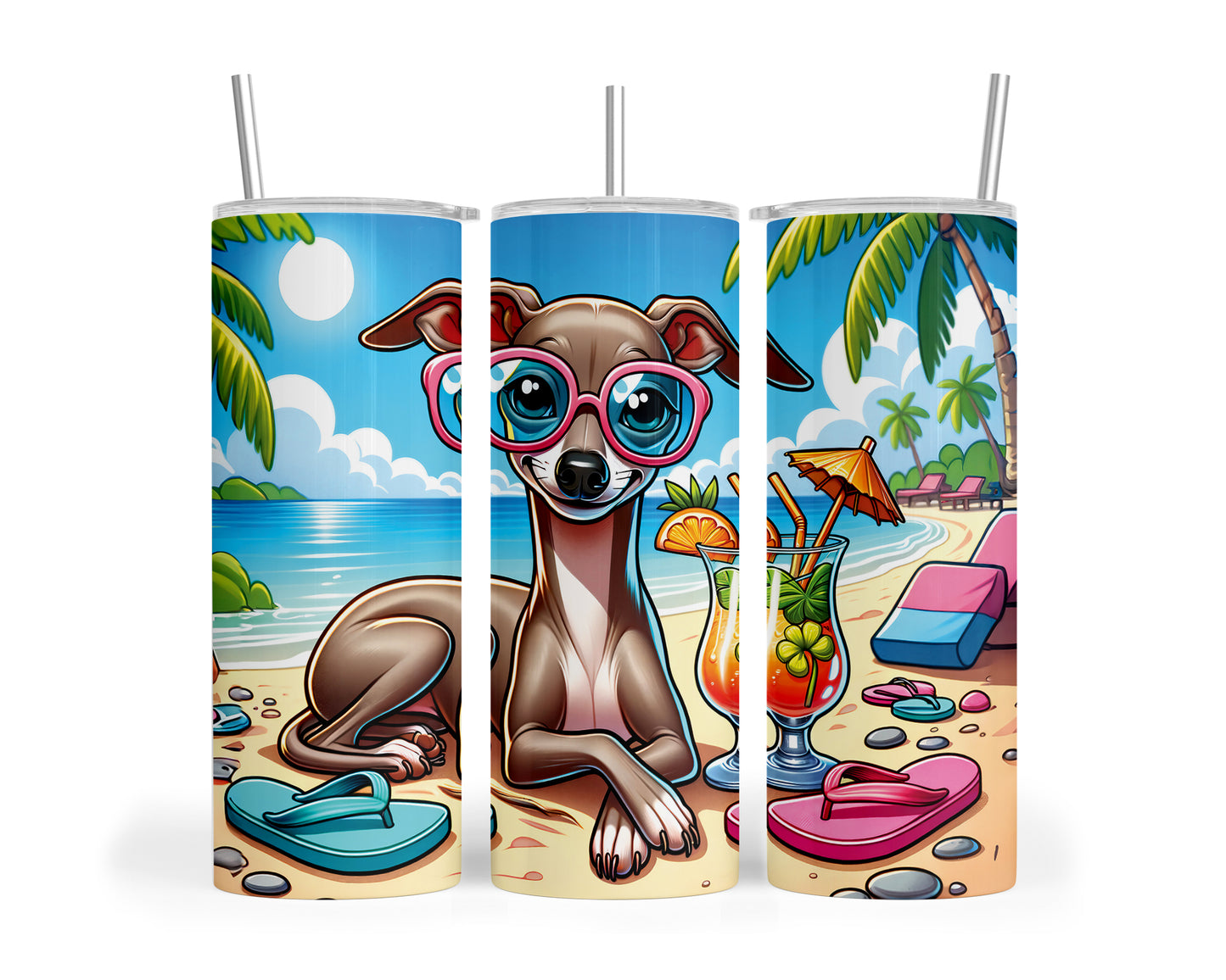 Skinny Tumbler with Straw, 20oz, Dog on Beach, Italian Greyhound, awd-1218