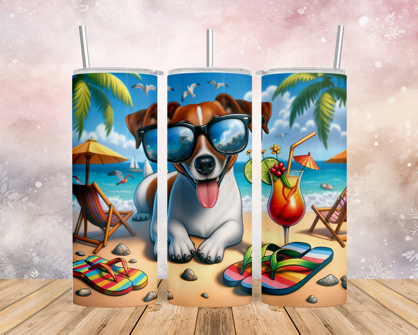 Skinny Tumbler with Straw, 20oz, Dog on Beach, Jack Russel. aed-1219