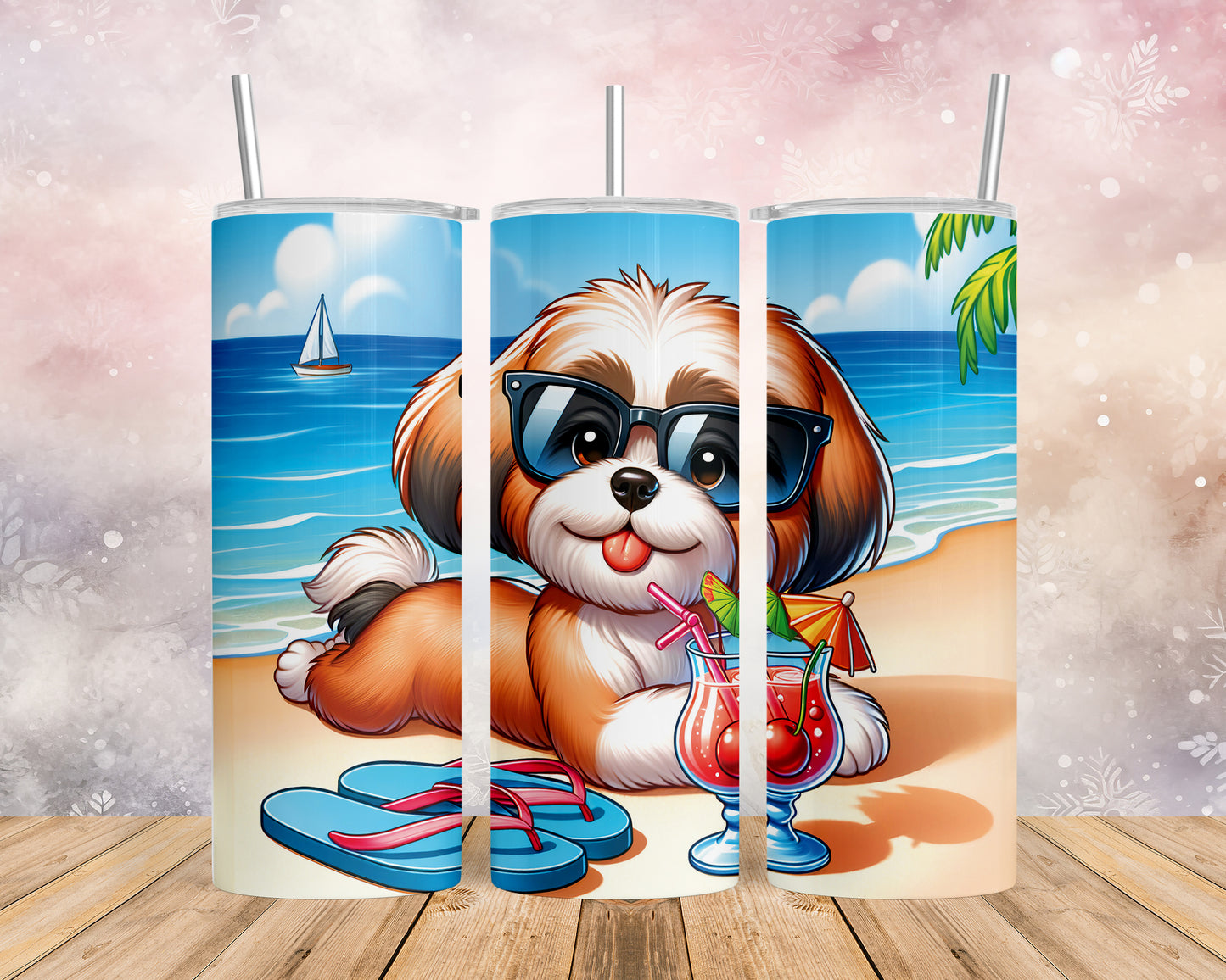 Skinny Tumbler with Straw, 20oz, Dog on Beach, Lhasa Apso, awd-1220